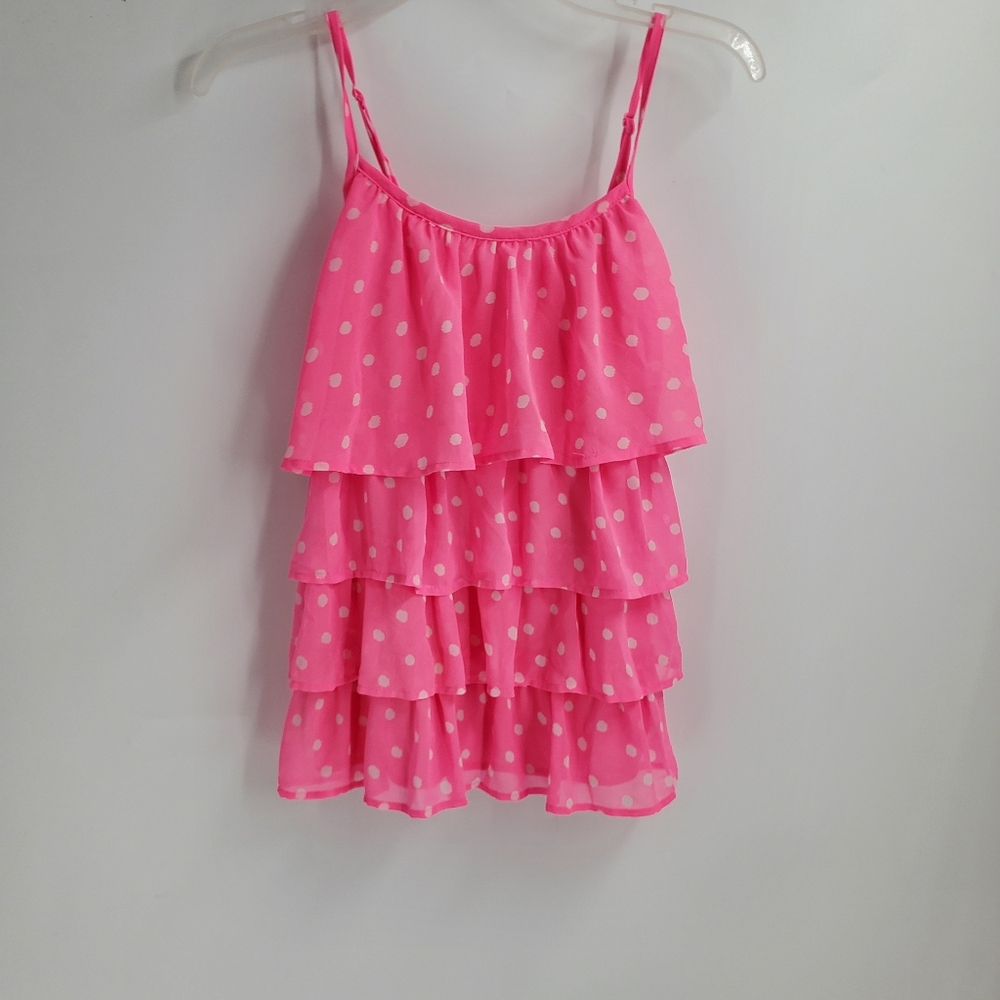 CHEROKEE girls XL (14-16) pink white polka dot ruffle front blouse